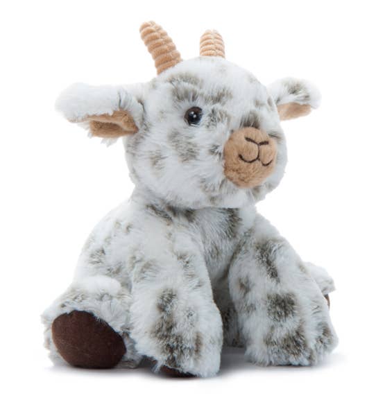 Introducing the Wild Onez Goat 9" Plush, thoughtfully crafted from recycled water bottles, showcasing elegant gray spots, charming beige horns, and adorable brown feet.
