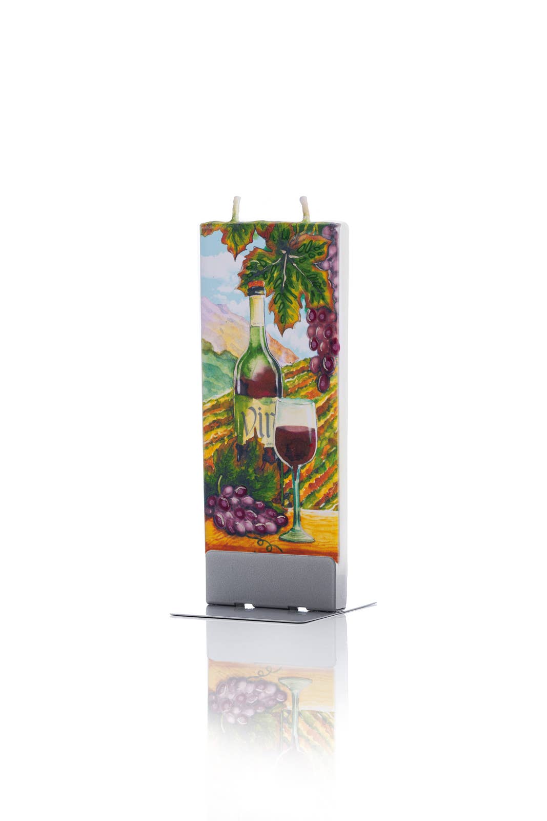 The Candle: Wine in Vineyard - Flat Candle Flatyz is a hand-painted, drip-resistant candle featuring a wine bottle, glass of red wine, and grapes with a vineyard scene—an elegant artistic accent for any space.