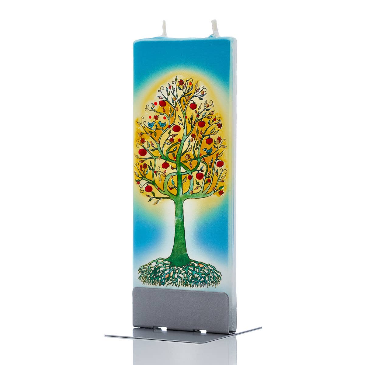 The Candle: Tree of Life - Flat Candle is a rectangular, hand-painted piece that showcases a vibrant Tree of Life design adorned with red and yellow fruits against a blue background. It features two wicks and rests elegantly on a gray stand, making it an exquisite centerpiece.