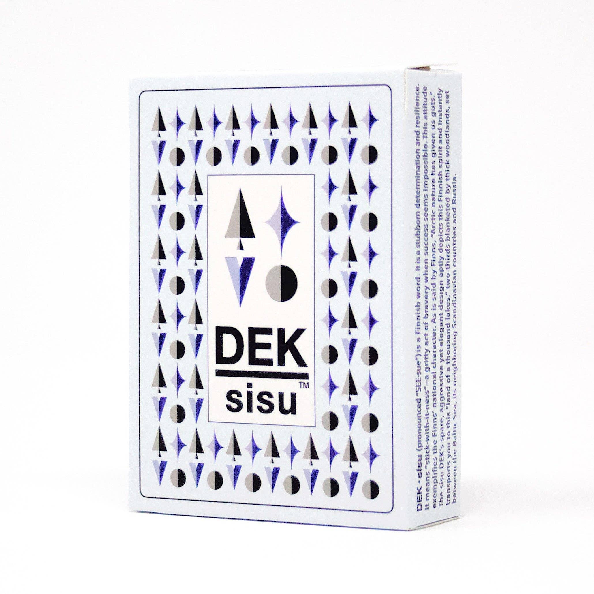 The "Playing Cards: DEK Sisu (Finland)" deck box proudly displays "DEK sisu" on it, embodying the Finnish idea of resilience. Its geometric design in black and purple set against a white background represents determination and strength.