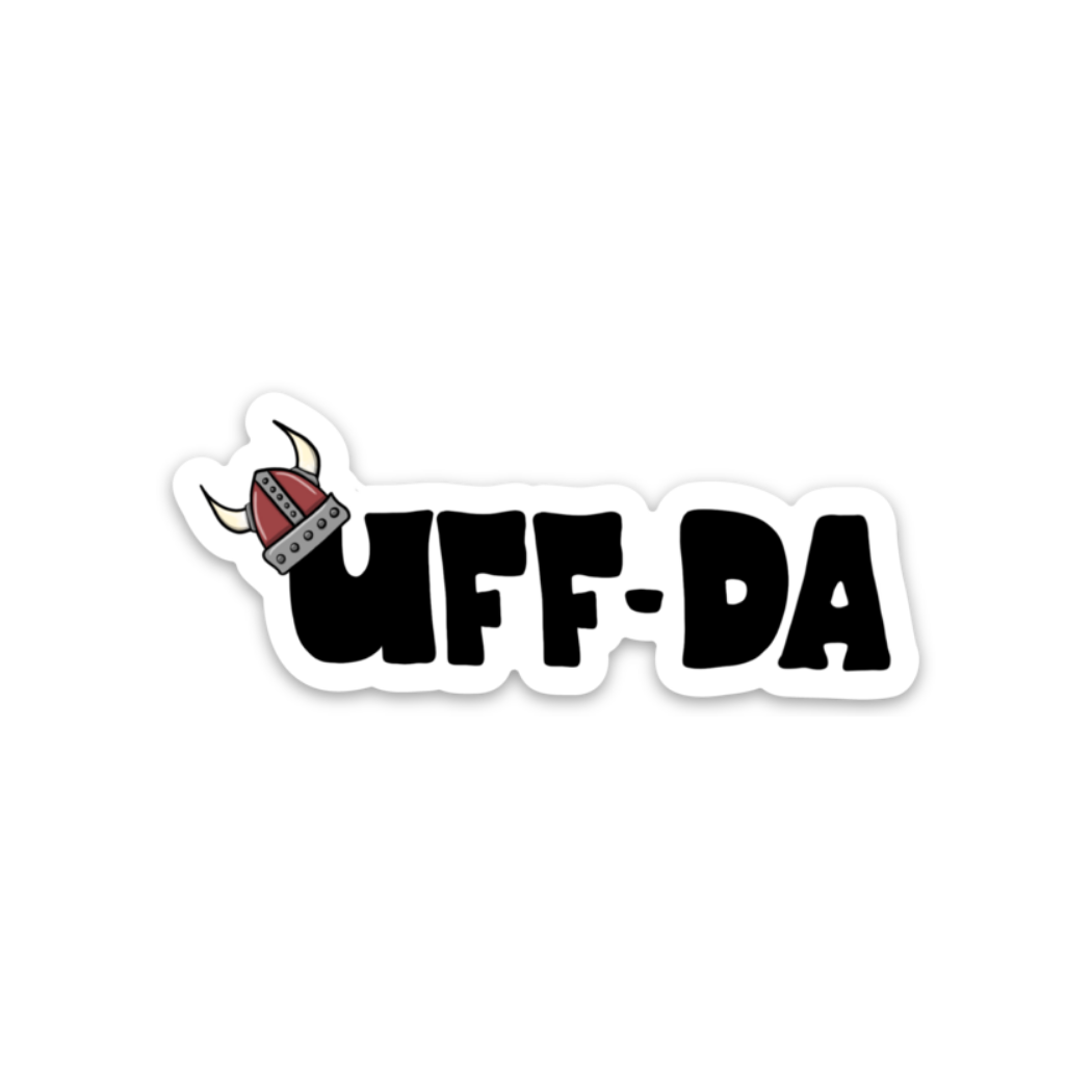 The image displays a robust vinyl sticker named "Sticker: Uff-Da - Sticker," featuring the text UFF-DA, embellished with a Viking helmet graphic on the letter U.