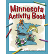 The cover of Activity Book: Minnesota Activity Book by Paula Ellis, illustrated by Shane Nitzche, features drawings of a hockey player, loon, fish, flowers, and cyclist over a Minnesota map with colored pencils bordering the fun.