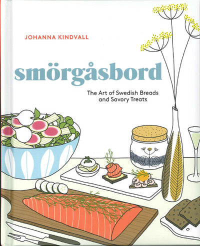 Cover of "Book: Smorgasbord by Johanna Kindvall the Art of Swedish Breads and Savory Treats," showing illustrated Swedish food, bread, fish, drinks, and classic smörgåsbord recipes arranged on a festive table.