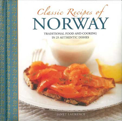 Cover of the book *Classic Recipes of Norway* by Janet Laurence, showcasing Norwegian recipes featuring salmon on bread, accompanied by a lemon wedge and sauce in the background—a celebration of Scandinavian cuisine.