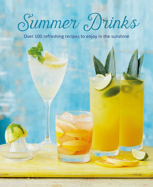 Cover of the book "Book: Summer Drinks" showcasing three refreshing beverages adorned with citrus and mint garnishes, set against a blue background, providing irresistible cocktail recipes perfect for warm days.
