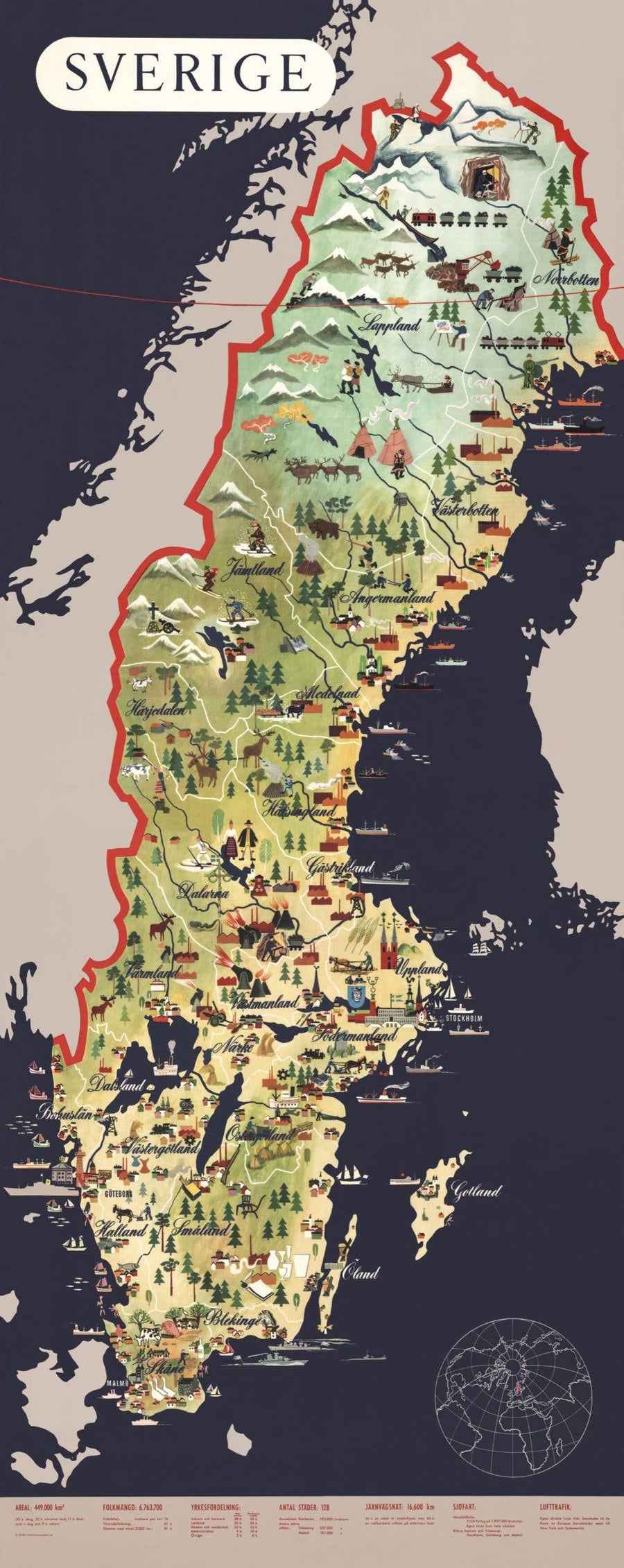 Poster: Scandinavian Vintage Poster Map of Sweden