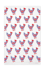 The Hen Tea Towel - Blue & Red features charming Scandinavian chickens with red combs and blue floral motifs, set against a white background, adding whimsical flair to your decor.
