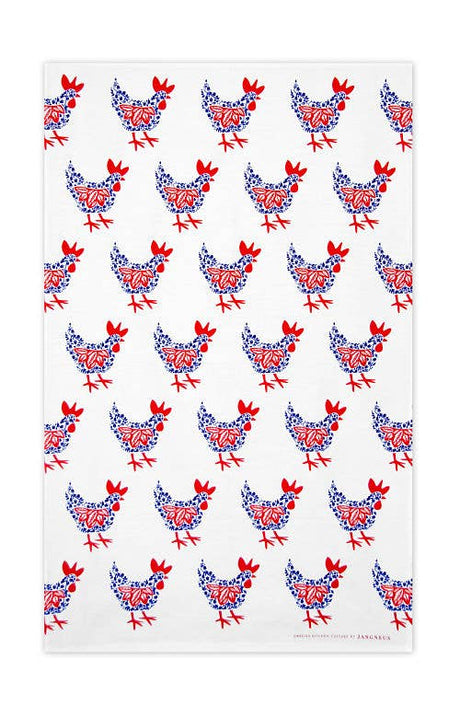 The Hen Tea Towel - Blue & Red features charming Scandinavian chickens with red combs and blue floral motifs, set against a white background, adding whimsical flair to your decor.