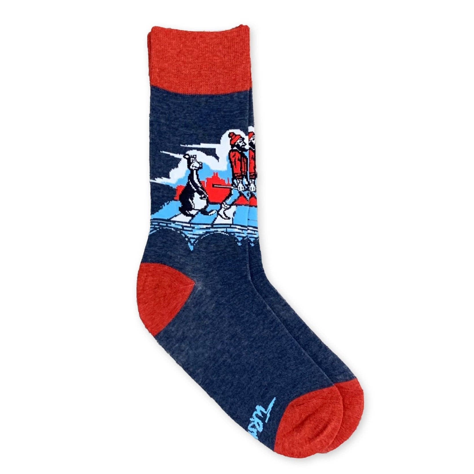 Introducing the MN Abbey Road Socks by Adam Turman: a one-size, blue sock featuring a red heel and toe with a captivating graphic of three people on a rooftop against a serene blue and white background.