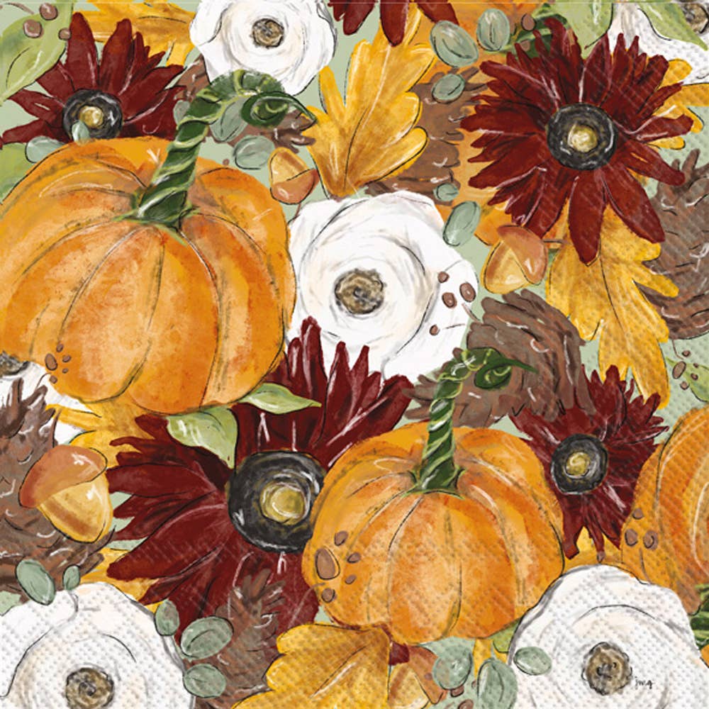The "Napkins: Fall Foliage Fall Thanksgiving" pack includes 20 paper lunch napkins adorned with an autumn-themed design of pumpkins, red and white flowers, leaves, and acorns in warm hues, beautifully capturing the spirit of fall foliage.