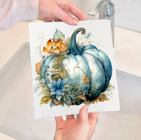 Dish Cloth: Fall Autumn Blue Pumpkin Flowers SWEDISH