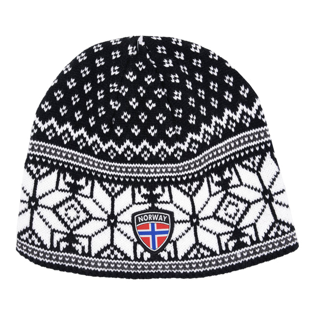 Rock Expedition black acrylic knit beanie with white stars, featuring classic Nordic style and a Norway shield patch with the Norwegian flag on the front.