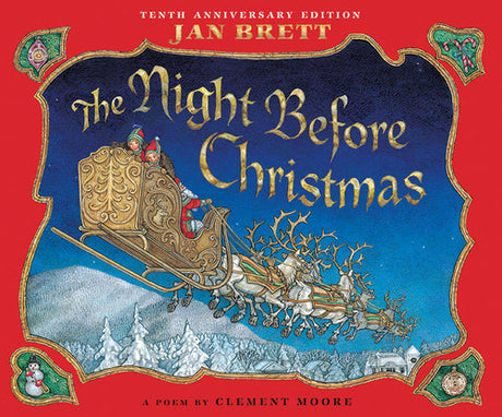 Book cover of Night Before Christmas by Jan Brett (Board Book), featuring Santa Claus in a sleigh pulled by reindeer flying over snowy rooftops, with a festive red and gold border.