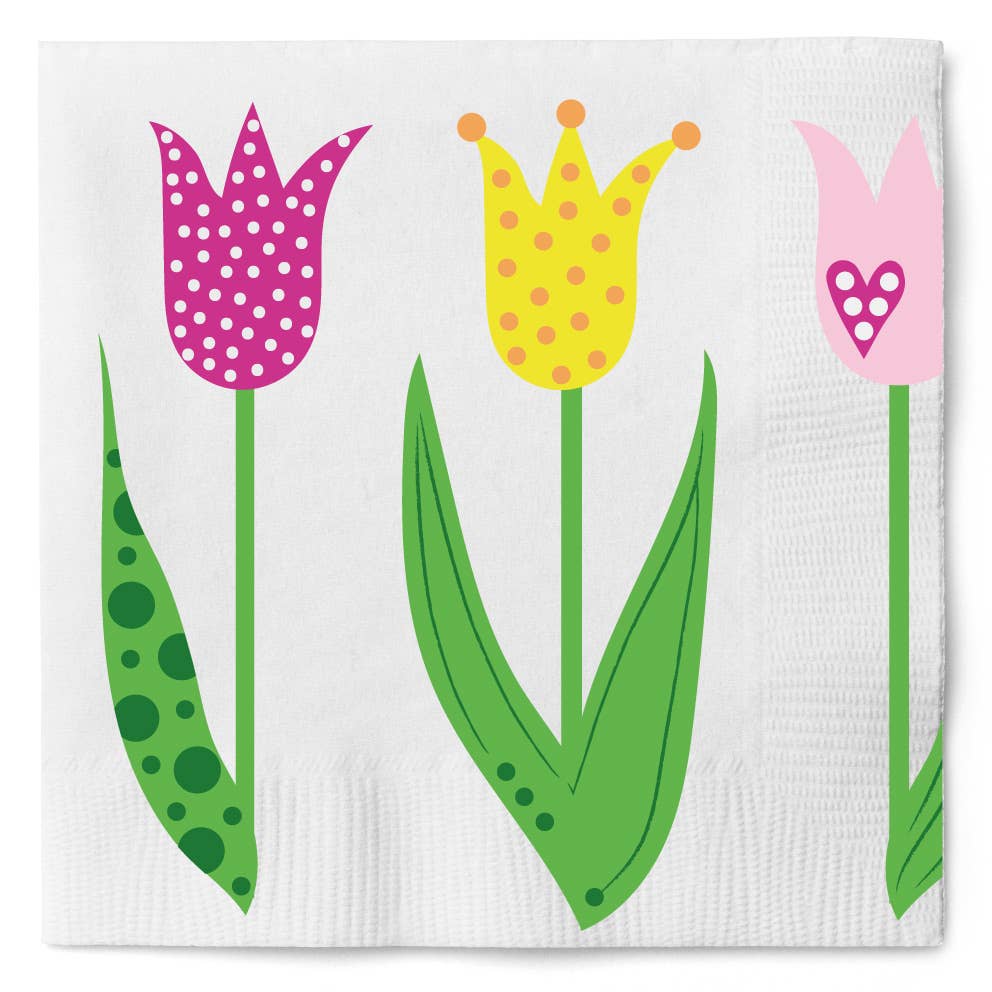 The product "Napkins: Tulip by Anneko" features a charming illustration of three tulips on a white background: a pink tulip adorned with dots, a yellow tulip in the shape of a crown, and another pink tulip with a heart shape, each complemented by green leaves. This delightful artwork by Anneko Design adds charm to any setting, whether used as decorative prints or elegant dinner napkins.