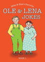 Illustrated cover of Book: Mike & Else's Favorite Ole & Lena Jokes, Book 1, featuring Scandinavian humor with cartoon characters Ole and Lena against a lively red background.