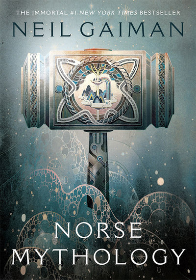 Cover of the paperback book "Norse Mythology" by Neil Gaiman, showcasing an illustrated Thor's hammer adorned with intricate designs and Nordic patterns that capture the essence of the Norse pantheon.