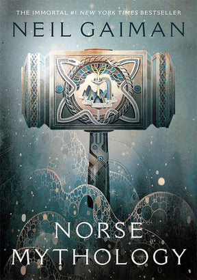 Cover of the paperback book "Norse Mythology" by Neil Gaiman, showcasing an illustrated Thor's hammer adorned with intricate designs and Nordic patterns that capture the essence of the Norse pantheon.