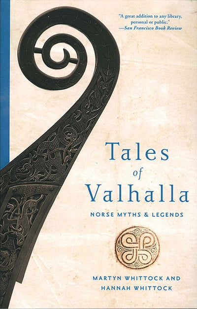 Book: Tales of Valhalla Norse Myths & Legends by Martyn Whittock & Hannah Whittock, with a cover featuring carved wood motifs and a gold Viking-inspired circular symbol reflecting Norse mythology.