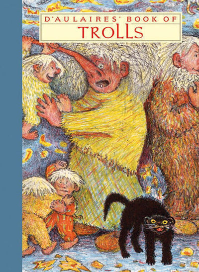 Illustration on the cover of the book "D’Aulaires' Book of Trolls," showcasing vibrant trolls from Norse mythology and a black cat set against a textured background.