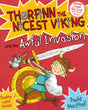 Cover of the book "Thorfinn the Nicest Viking & the Awful Invasion" by David MacPhail, part of a delightful series for young readers. The illustration features a cartoon Viking prominently holding a sword and shield. Inside, there's a note about special trading cards for fans of Norsemen adventures.