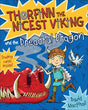 Book cover of "Thorfinn the Nicest Viking and the Dreadful Dragon," showcasing a cartoon Viking boy, a dragon, and a bird. Ideal for young readers, it includes a trading cards promotion and suggests an exciting Fire Festival theme.