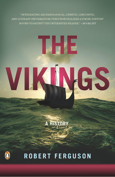 Book cover for Vikings - A History, highlighting a Viking ship navigating the sea under a cloudy sky, capturing the rich tapestry of Viking culture.