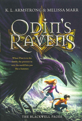 Book cover of *Odin's Ravens (Blackwell Trilogy #2)*, featuring a large raven and two children running, encapsulating the essence of Norse mythology in this thrilling young adult fiction by K.L. Armstrong & Melissa Marr.