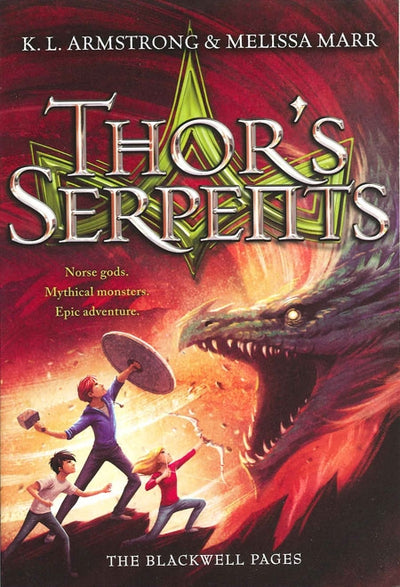 Cover of *Thor's Serpents (Blackwell Trilogy #3)*, where three youths courageously face a massive dragon-like serpent against a fiery backdrop, capturing the thrilling essence of young adult fiction and mirroring the epic adventures found in stories of Norse gods and Percy Jackson.