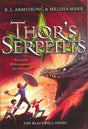 Cover of *Thor's Serpents (Blackwell Trilogy #3)*, where three youths courageously face a massive dragon-like serpent against a fiery backdrop, capturing the thrilling essence of young adult fiction and mirroring the epic adventures found in stories of Norse gods and Percy Jackson.