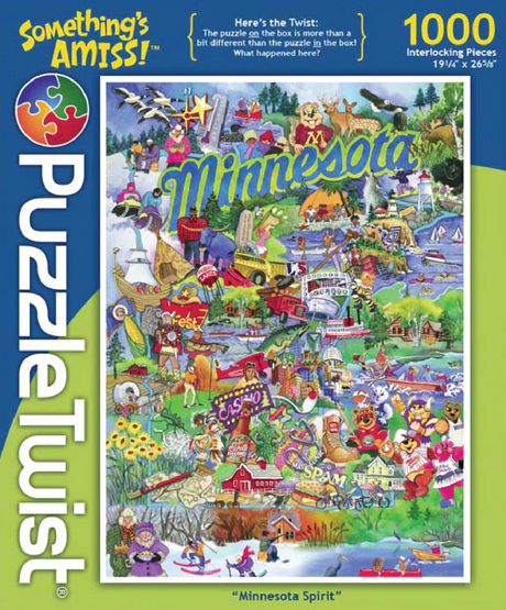 Jigsaw puzzle Minnesota Spirit by Nancy Patrick Carney, with colorful Minnesota culture and landmarks, includes 1,000 interlocking pieces from PuzzleTwist.