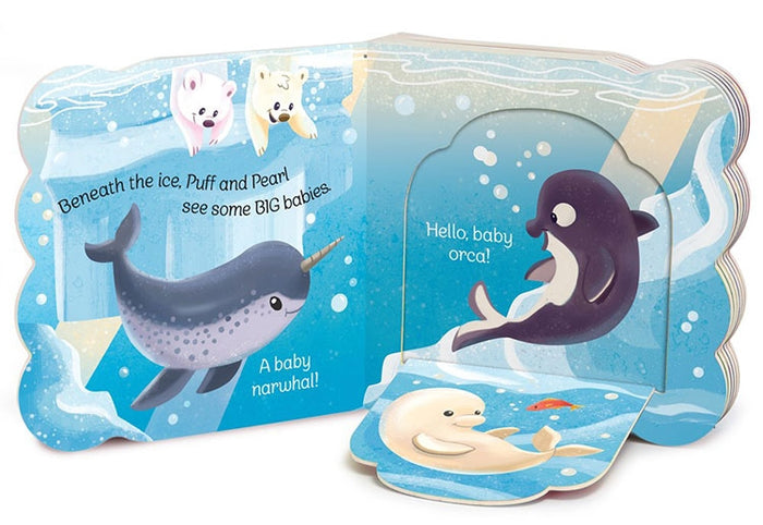 Explore the delightful lift-a-flap board book, *Book: Babies in the Snow*, where little ones can uncover a baby narwhal and a baby orca swimming beneath the icy waters. Join Puff and Pearl as they greet, "Hello, baby orca!" This book is perfect for toddlers eager to explore the captivating world of Arctic animals.