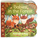 The Babies in the Forest First Lift-a-Flap board book features a charming cover with illustrated foxes amidst lush trees. Open each flap to explore the enchanting forest animal world, perfect for curious little minds.