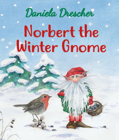 Illustration from Book: Norbert the Winter Gnome (Board Book) by Daniela Drescher, showing a gnome with a beard and red-green clothes holding a basket, next to a robin in the snow.