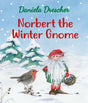 Illustration from Book: Norbert the Winter Gnome (Board Book) by Daniela Drescher, showing a gnome with a beard and red-green clothes holding a basket, next to a robin in the snow.