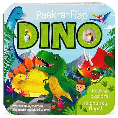 The Book: Dino Peek a Flap invites children on an interactive journey through the prehistoric world. Featuring vibrant dinosaur illustrations and two young explorers, the cover includes 12 sturdy flaps perfect for curious little hands.