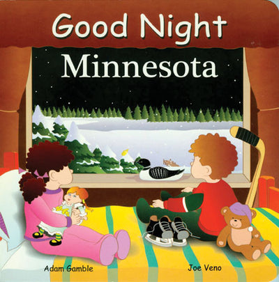 Children sitting by a window with snow outside, a hockey stick and skates beside them, capture the essence of Good Night Minnesota by Adam Gamble & Joe Veno, reminiscent of the Saint Paul Winter Carnival.