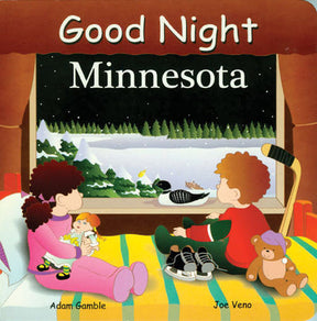 Children sitting by a window with snow outside, a hockey stick and skates beside them, capture the essence of Good Night Minnesota by Adam Gamble & Joe Veno, reminiscent of the Saint Paul Winter Carnival.