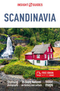 The cover of the book "Insight Guides Scandinavia" features a captivating red house located near a waterfall, captured with breathtaking photography. This travel guide to Scandinavia provides comprehensive features and detailed maps, ideal for exploring enchanting Scandinavian locations.